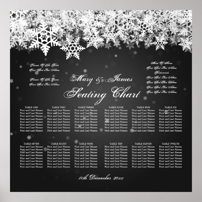 Elegant Wedding Seating Chart Winter Snow Black (Front)