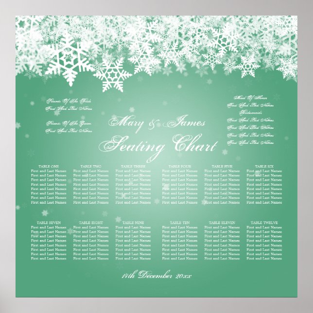 Elegant Wedding Seating Chart Winter Snow Mint (Front)