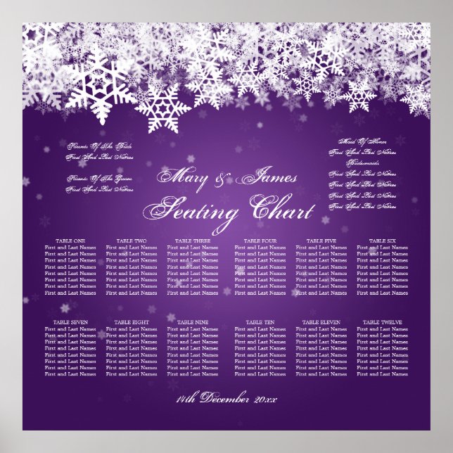 Elegant Wedding Seating Chart Winter Snow Purple (Front)