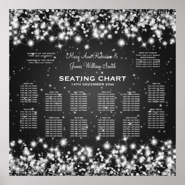 Elegant Wedding Seating Chart Winter Sparkle Black (Front)