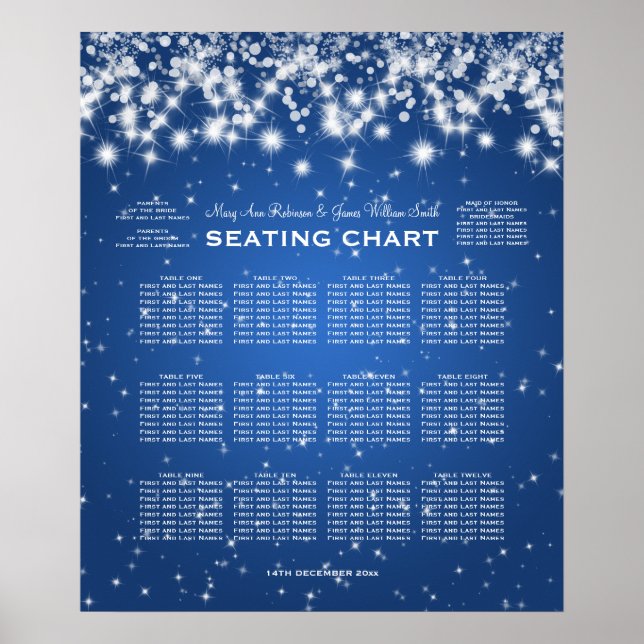 Elegant Wedding Seating Chart Winter Sparkle Blue (Front)