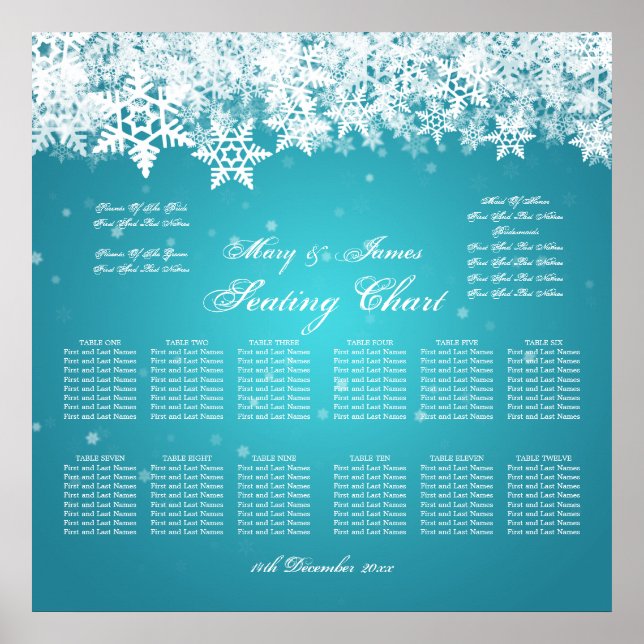Elegant Wedding Seating Chart Winter Turquoise (Front)