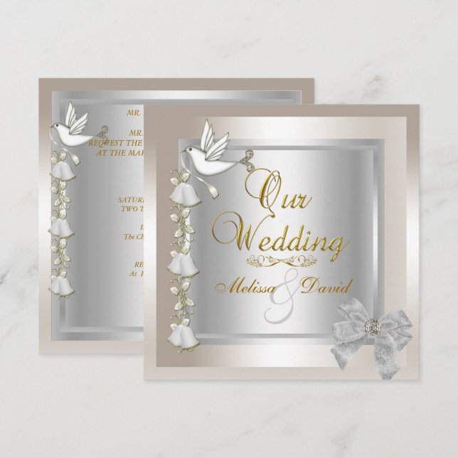 Elegant Wedding Sepia Gold Silver White Dove Invitation (Front/Back)