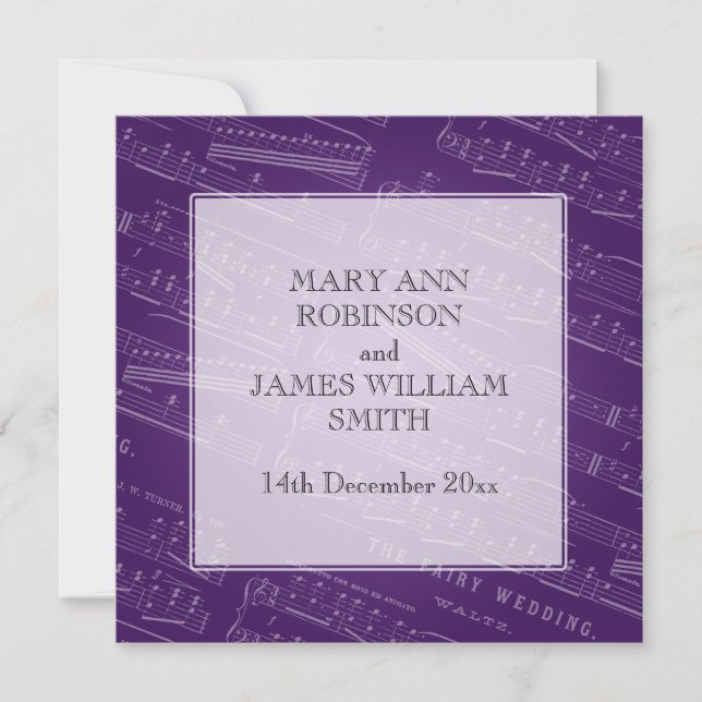 Elegant Wedding Sheet Music Purple Invitation (Front)