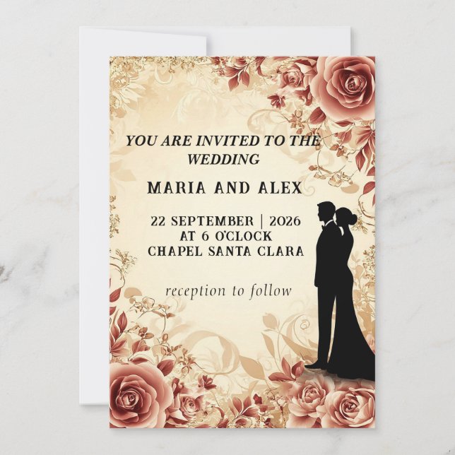 Elegant Wedding Silhouette Amid Floral Design Invitation (Front)