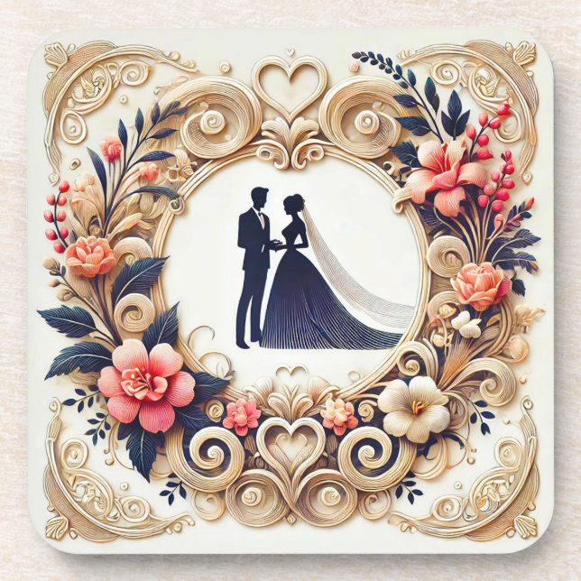Elegant Wedding Silhouette Framed Coaster (Front)