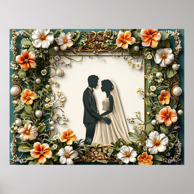 Elegant Wedding Silhouette with Floral Frame Decor (Front)