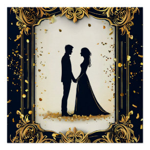 Elegant Wedding Silhouette with Ornate Golden Fram Poster