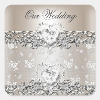 Elegant Wedding Silver Cream Diamond Heart Invitat Square Sticker