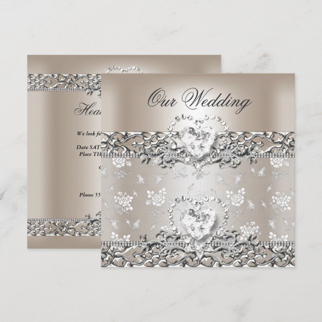Elegant Wedding Silver Cream Diamond Heart Invitation (Front/Back)