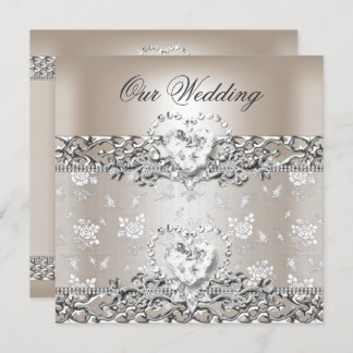 Elegant Wedding Silver Cream Diamond Heart Invitation