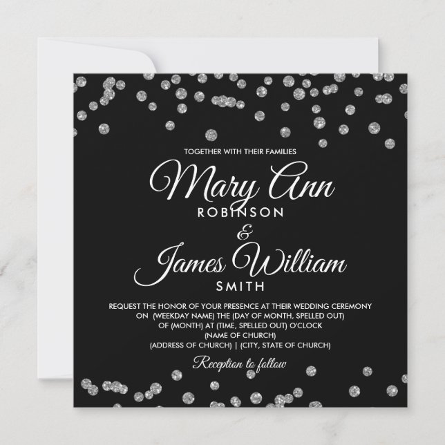 Elegant Wedding Silver Faux Glitter Confetti Black Invitation (Front)