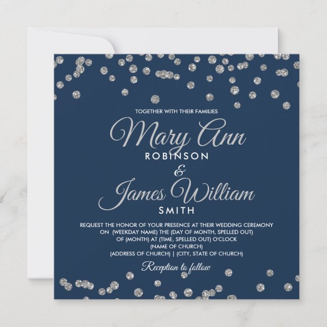 Elegant Wedding Silver Faux Glitter Confetti Navy Invitation (Front)