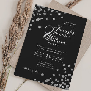 Elegant Wedding Silver Glitter Confetti Black Invitation