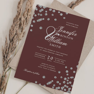 Elegant Wedding Silver Glitter Confetti Burgundy  Invitation