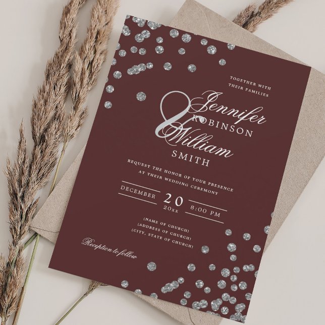 Elegant Wedding Silver Glitter Confetti Burgundy  Invitation (Elegant Wedding Silver Glitter Confetti Burgundy Invitation)