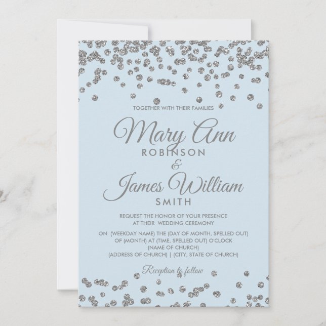 Elegant Wedding Silver Glitter Confetti Ice Blue Invitation (Front)