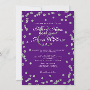 Elegant Wedding Silver Glitter Confetti Purple Invitation