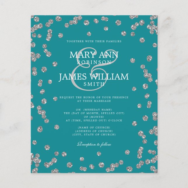 Elegant Wedding Silver Glitter Confetti Teal  (Front)
