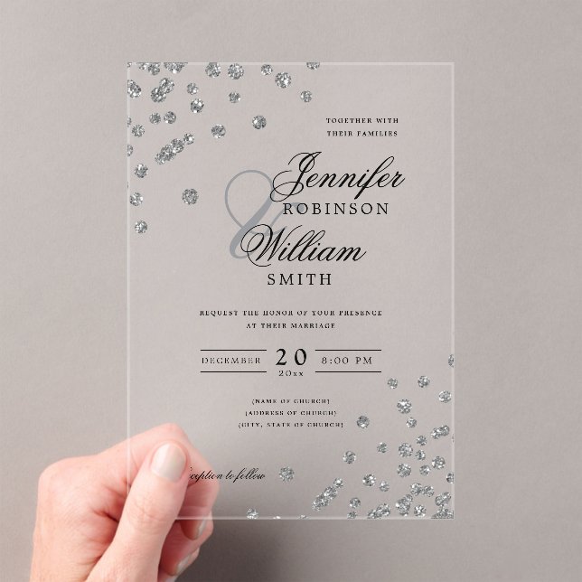 Elegant Wedding Silver Glitter Confetti Themed  Acrylic Invitations (Insitu (Handheld))