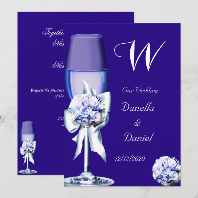 Elegant Wedding Silver Navy Blue Floral Roses Invitation (Front/Back)