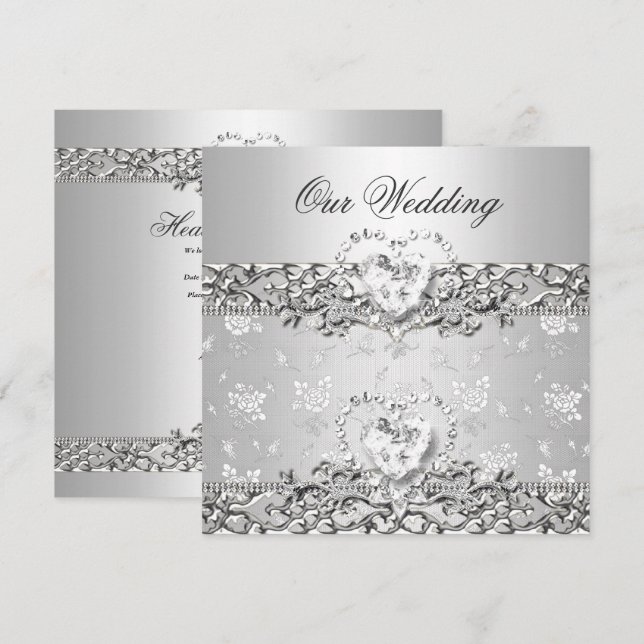 Elegant Wedding Silver White Diamond Heart Invitation (Front/Back)