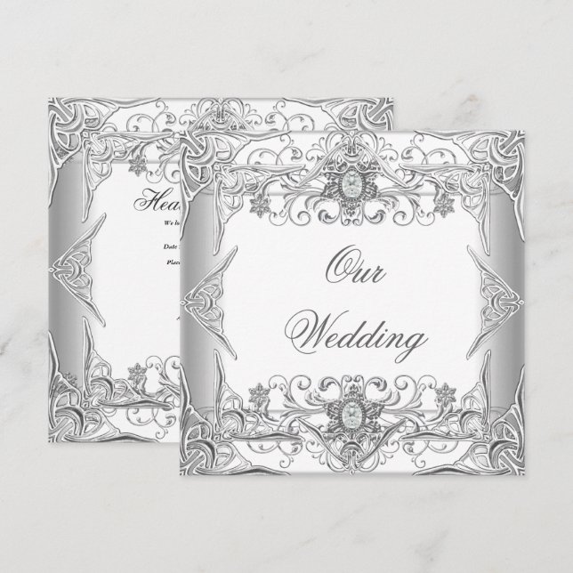 Elegant Wedding Silver White Diamond Jewel Invitation (Front/Back)