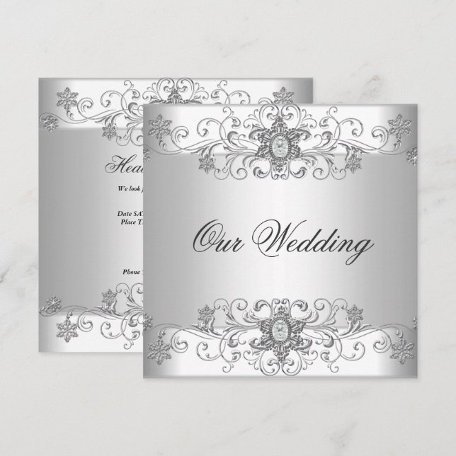 Elegant Wedding Silver White Diamond Jewel Invitation (Front/Back)