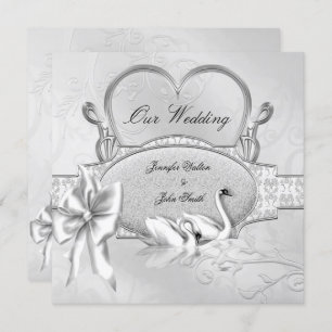 Elegant Wedding Silver White Swans Heart Bow Invitation