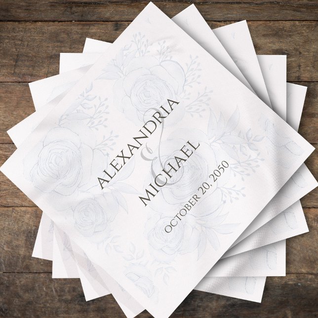 Elegant Wedding Simple Blue Floral Calligraphy Napkin (Elegant blue floral wedding napkin with a calligraphy script ampersand.)