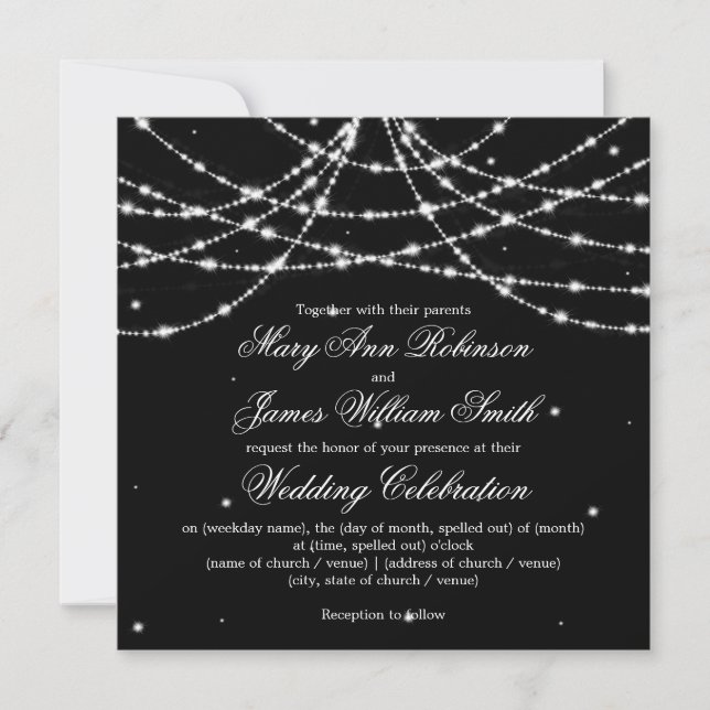 Elegant Wedding Sparkling String Black Invitation (Front)