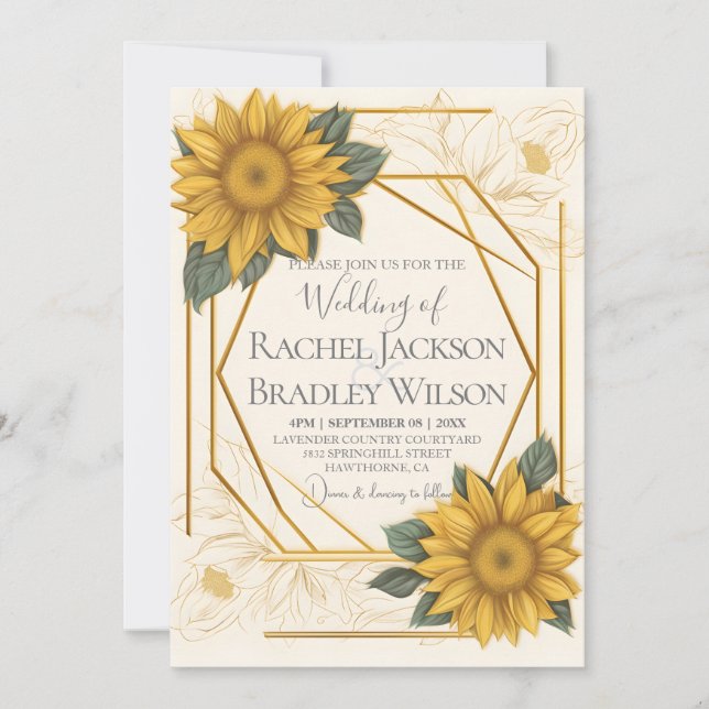 Elegant Wedding Sunflower Abstract Gold Frame Invitation (Front)