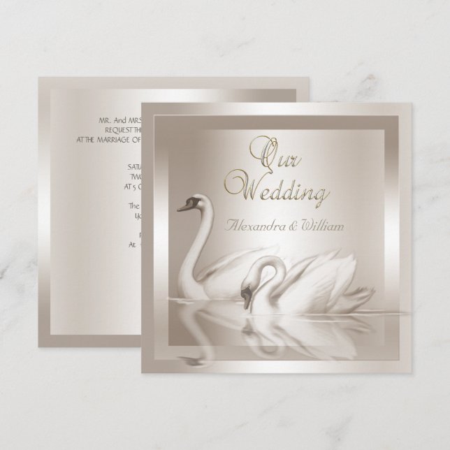 Elegant Wedding Swans Damask Cream White Invitation (Front/Back)