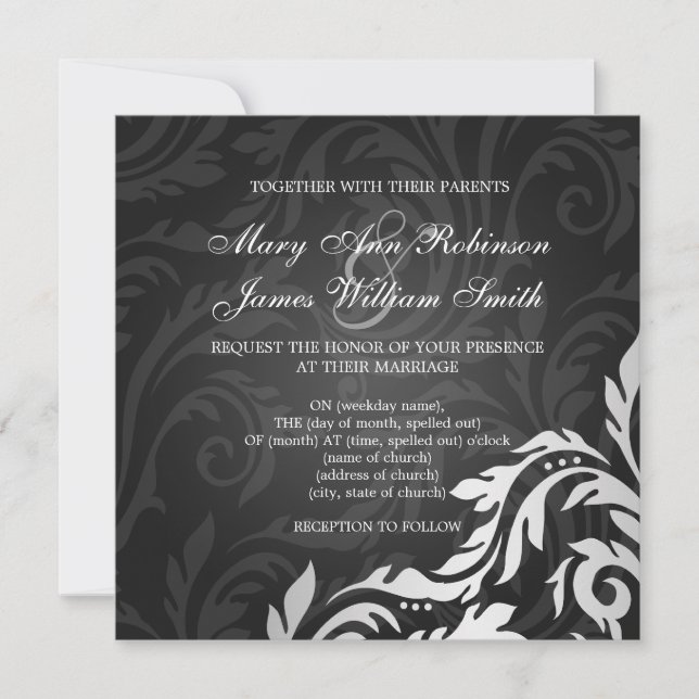 Elegant Wedding Swirly Flourish Black Invitation (Front)