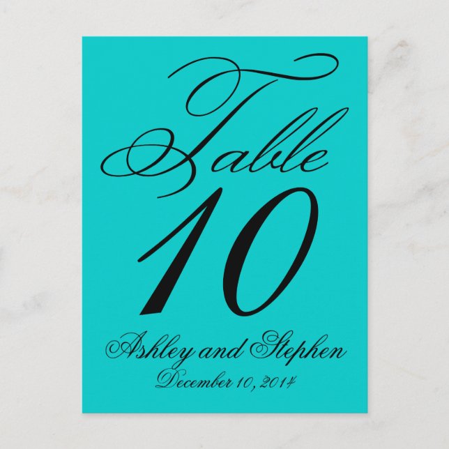 Elegant  Wedding Table Number Cards Aqua Blue (Front)