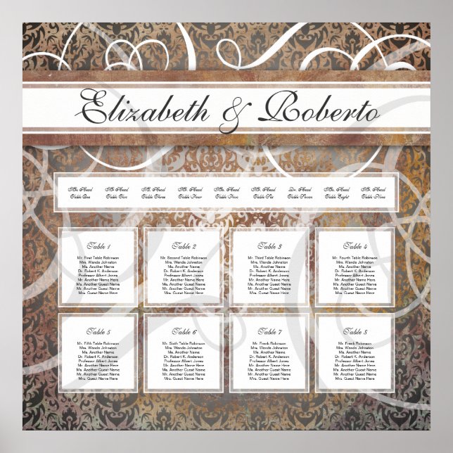 Elegant Wedding Table Seating Chart Tuscan Damask (Front)