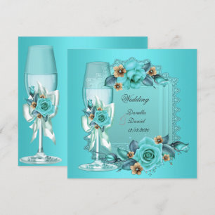 Elegant Wedding Teal Blue Beige Roses Flowers Invitation