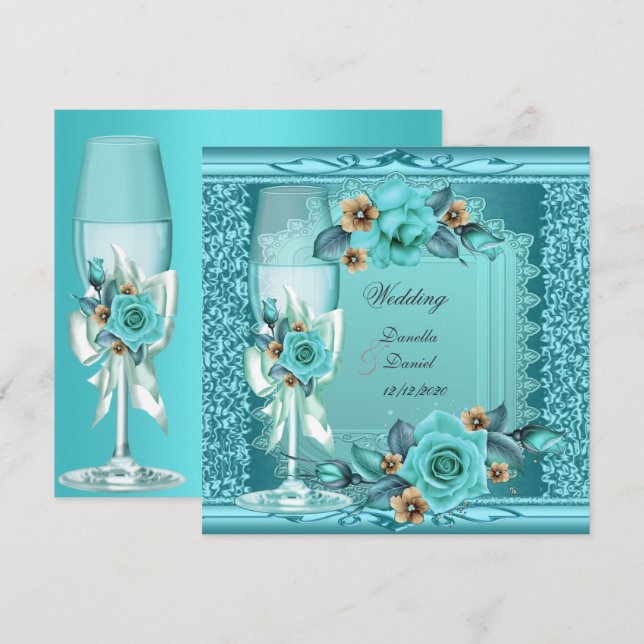 Elegant Wedding Teal Blue Beige Roses Flowers Invitation (Front/Back)