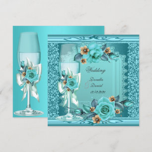 Elegant Wedding Teal Blue Beige Roses Flowers Invitation