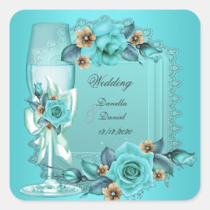 Elegant Wedding Teal Blue Beige Roses Flowers Square Sticker