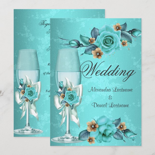 Elegant Wedding Teal Blue Champagne Roses Flowers Invitation (Front/Back)
