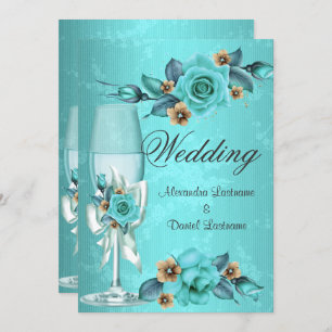 Elegant Wedding Teal Blue Champagne Roses Flowers Invitation