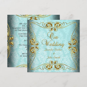 Elegant Wedding Teal Blue Gold Damask Invitation