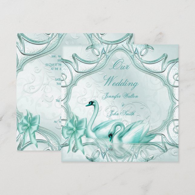 Elegant Wedding Teal Blue Swans Bow Invitation (Front/Back)