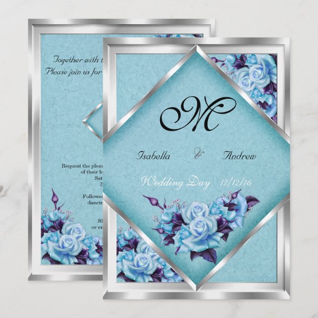 Elegant Wedding Teal Purple Roses Silver Bouquet 2 Invitation (Front/Back)