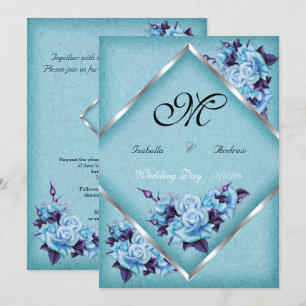 Elegant Wedding Teal Purple Roses Silver Bouquet a Invitation