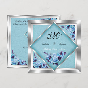 Elegant Wedding Teal Purple Roses Silver Bouquet Invitation