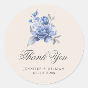 Elegant Wedding Thank U Dusty Blue Rustic Floral  Classic Round Sticker