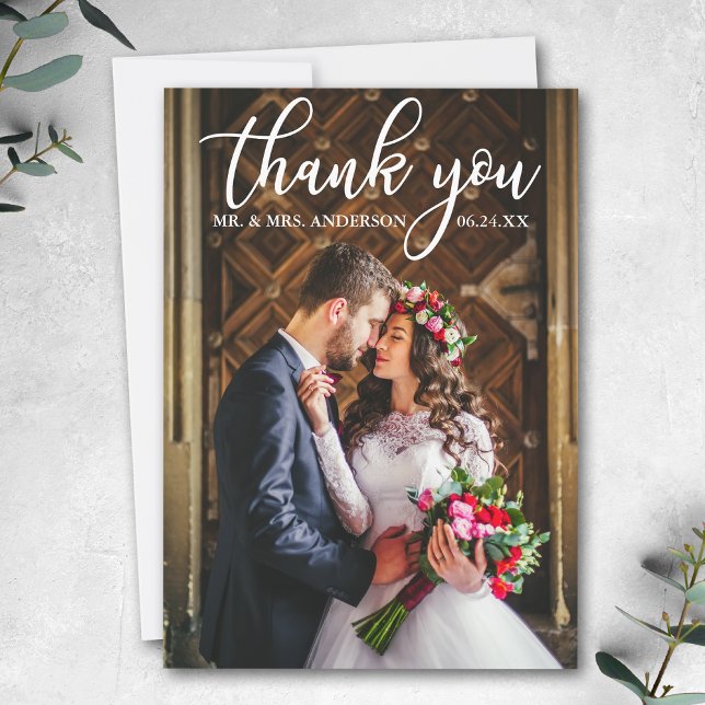 Elegant Wedding Thank You Bride and Groom Photo Card (Customize to add text or more photos to back of card.)