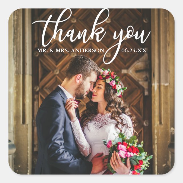 Elegant Wedding Thank You Bride and Groom Photo Square Sticker (Front)